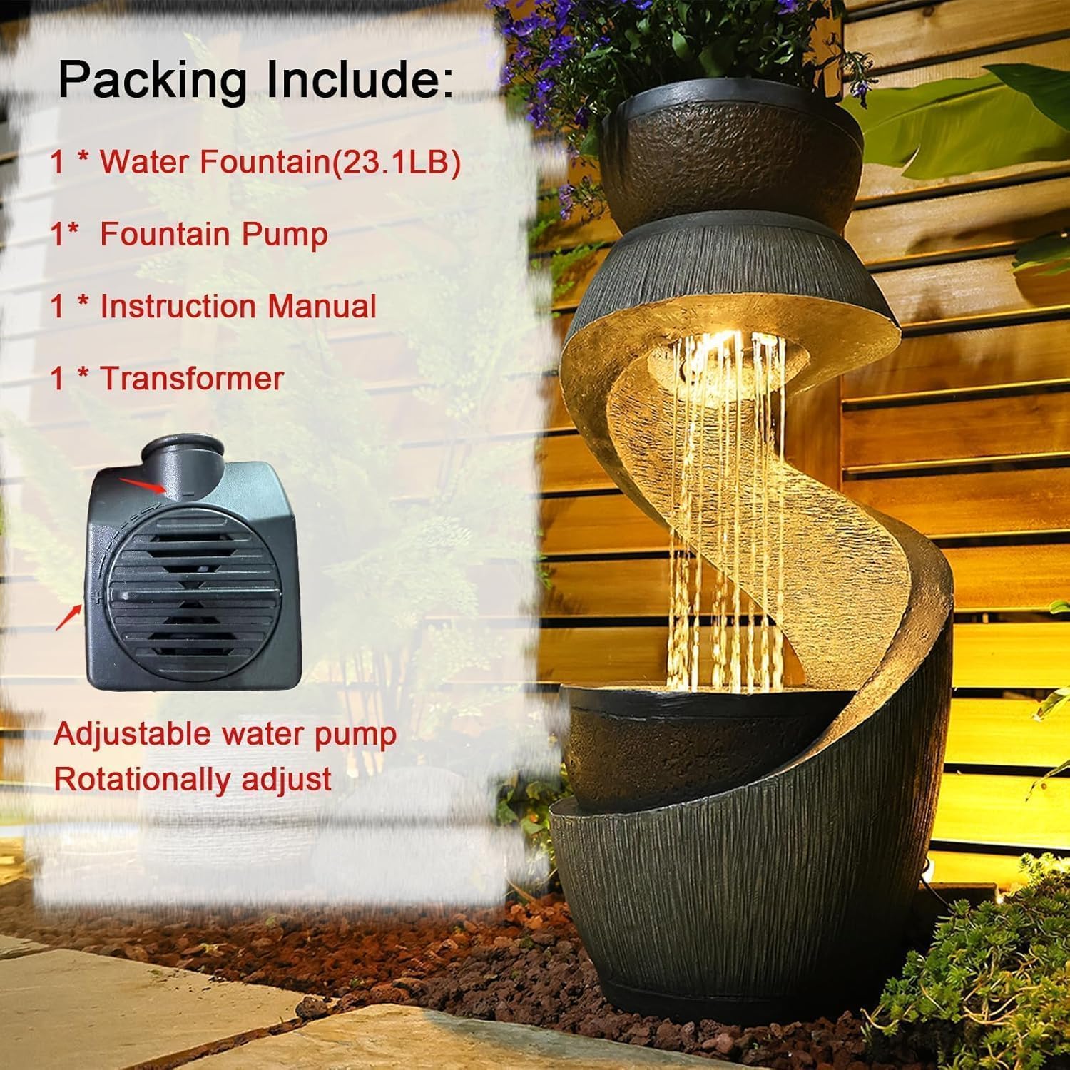 Sunlinua 31.9' S-Shaped Water Outdoor Fountain–Modern Cascading Waterfall Feature with LED Lights & Planter Bowl, Garden Fountains Outdoor for Patio, Balcony, Yard or Home Decor, Resin Waterfall