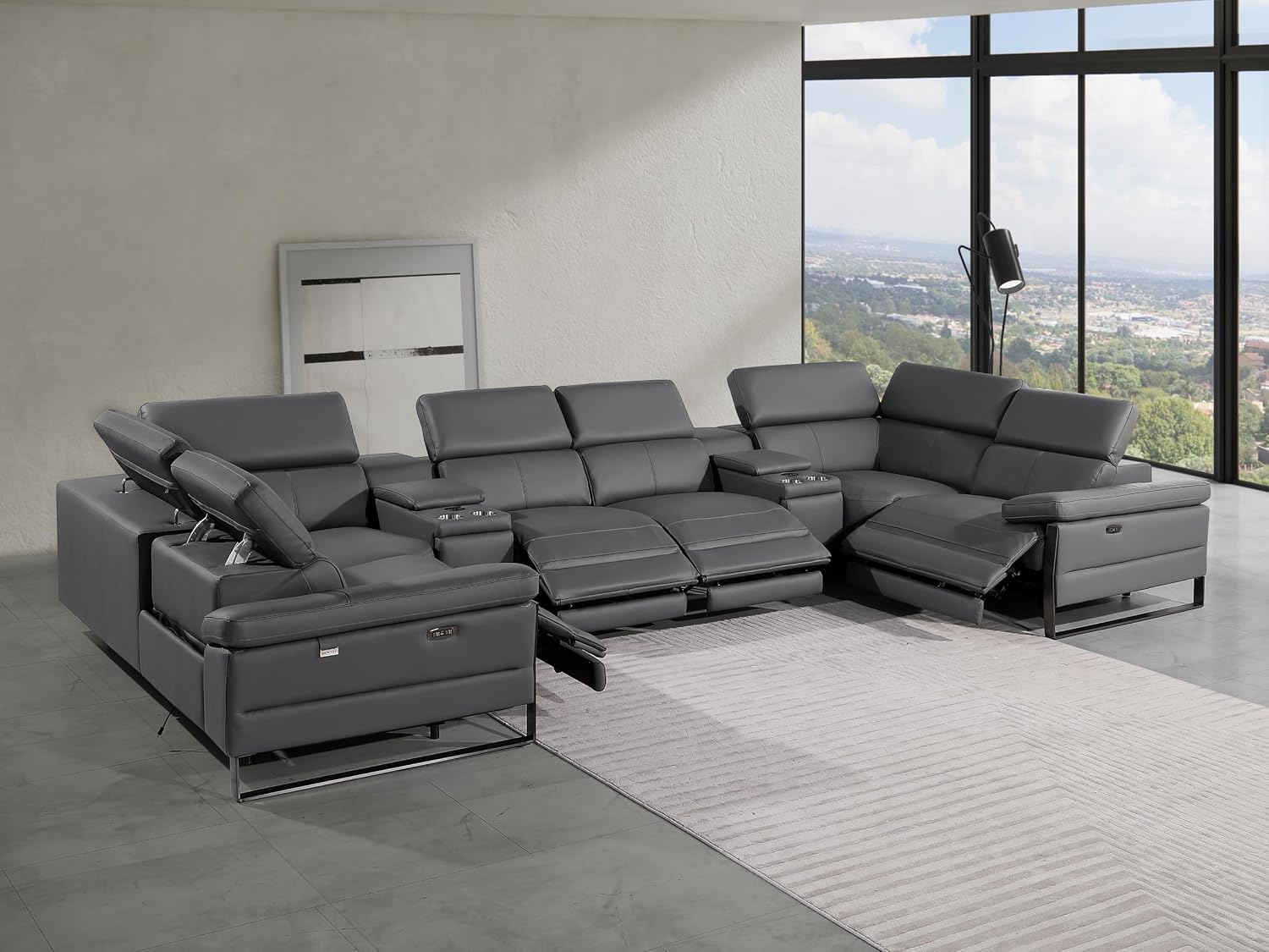 BlackJack Furniture Antonio 8 Piece U Shaped Power Reclining Sectional Sofa, Modular Couch with Top Grain Italian Leather, 4 Electric Recliners, USB & Wireless Chargers, Storage Console, Dark Grey