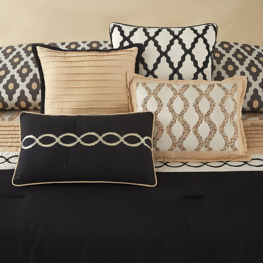 LANCO MODERN LIFESTYLE California King Comforter Set, Black Gold, 10 Piece Bed in a Bag for All Seasons, Luxury Extreme Comfort Bedding Sets with Bedskirt, Pillow Shams, Euro Shams and Decor Pillows