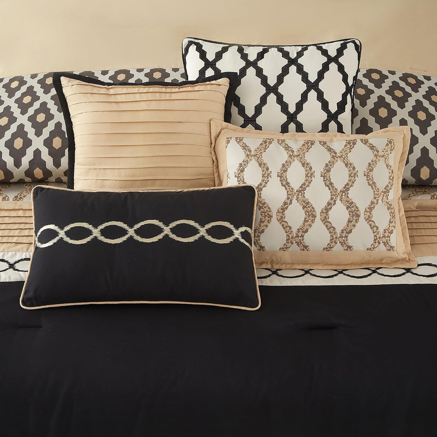 LANCO MODERN LIFESTYLE California King Comforter Set, Black Gold, 10 Piece Bed in a Bag for All Seasons, Luxury Extreme Comfort Bedding Sets with Bedskirt, Pillow Shams, Euro Shams and Decor Pillows