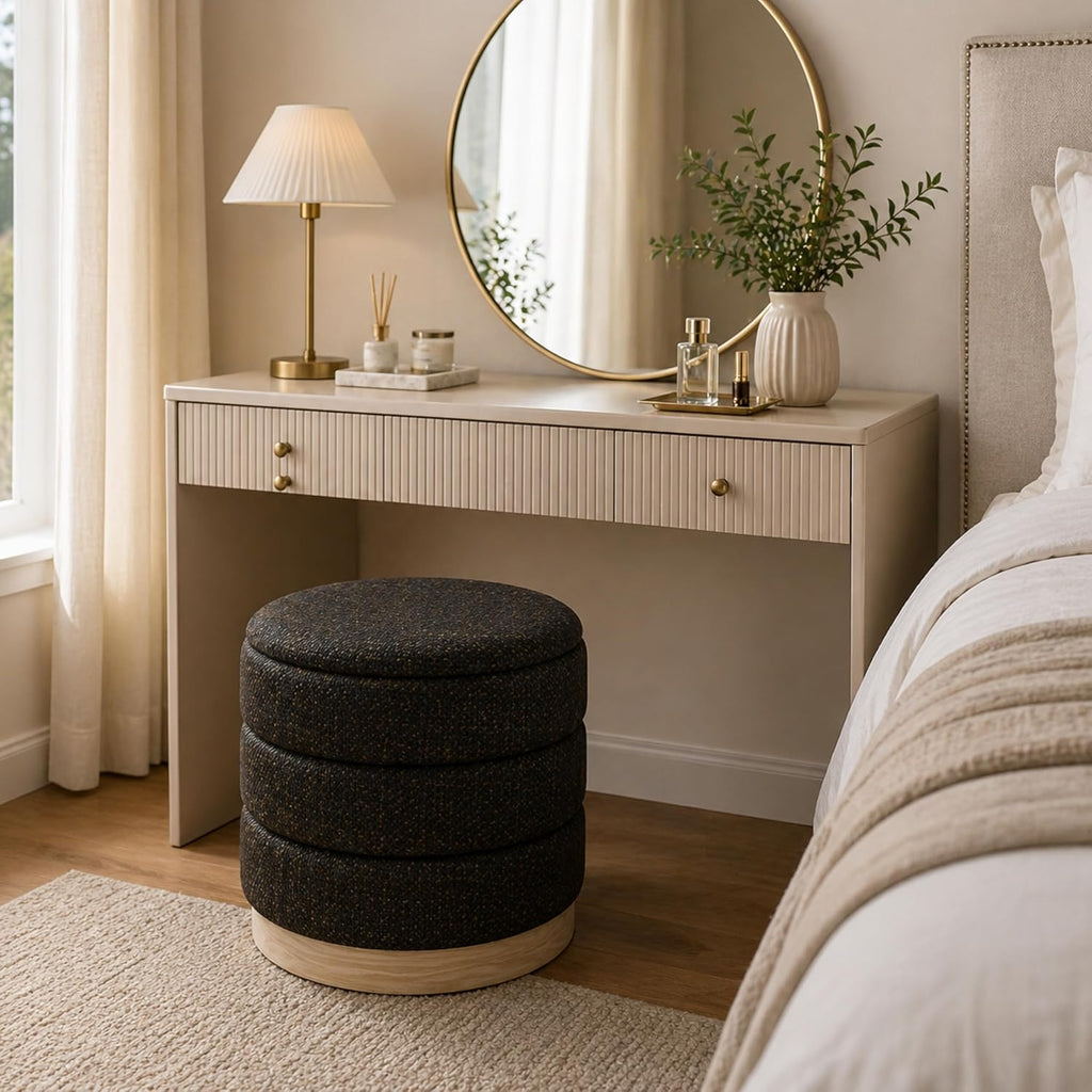 Ottoman Collection Stylish Linen Cylinder Storage Chocolate Round Footrest Vanity Stool Furniture Living Room Small Bench 16' L X16 W X 17' H