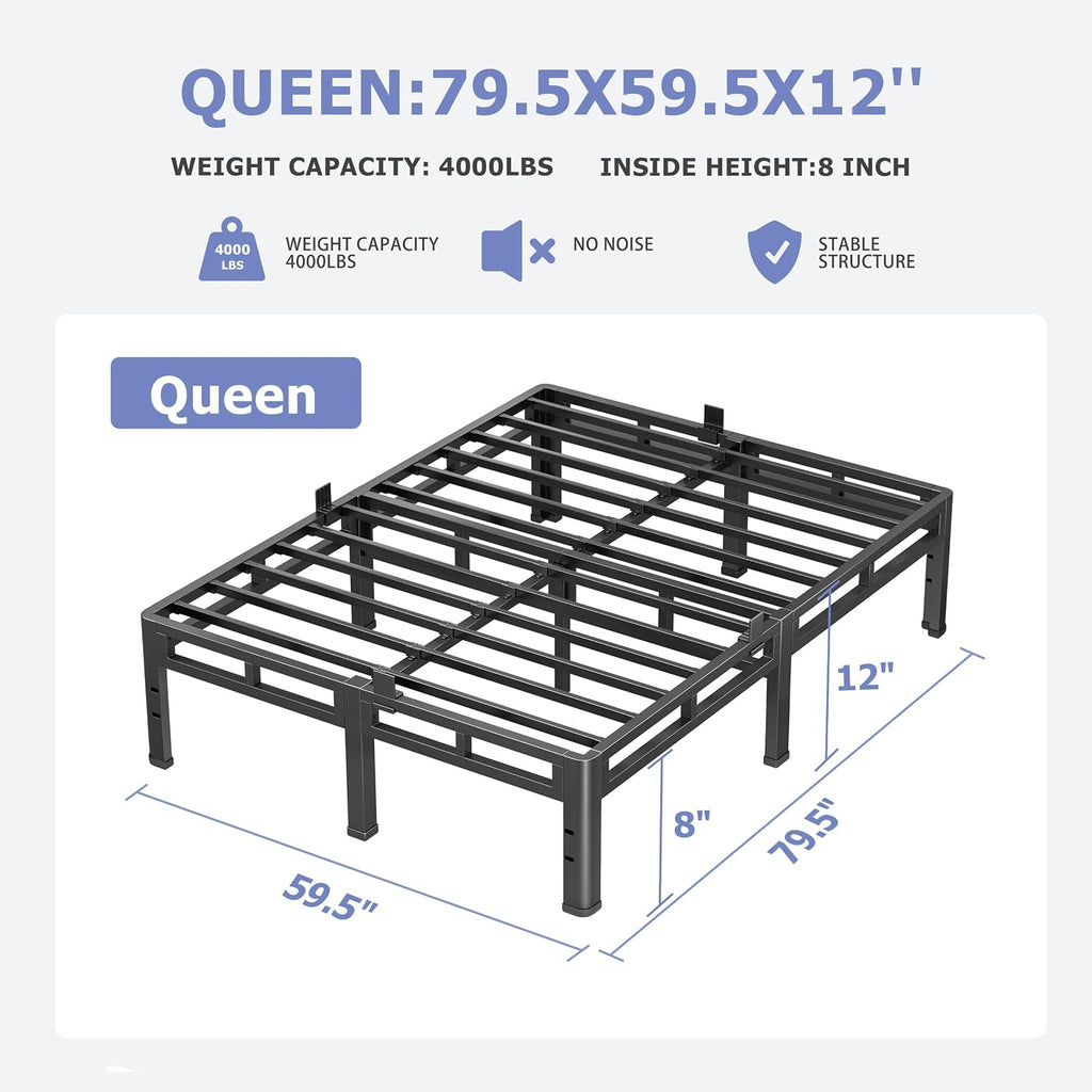 NKZ 12 Inch Full Size Bed Frame, Metal Bed Frame & Box Spring 2 in 1 Platform with Round Corner Legs, 4000Lbs Heavy Duty Metal Frame, Mattress Slide Stopper, Headboard Hole, Noise-Free, Easy Assembly