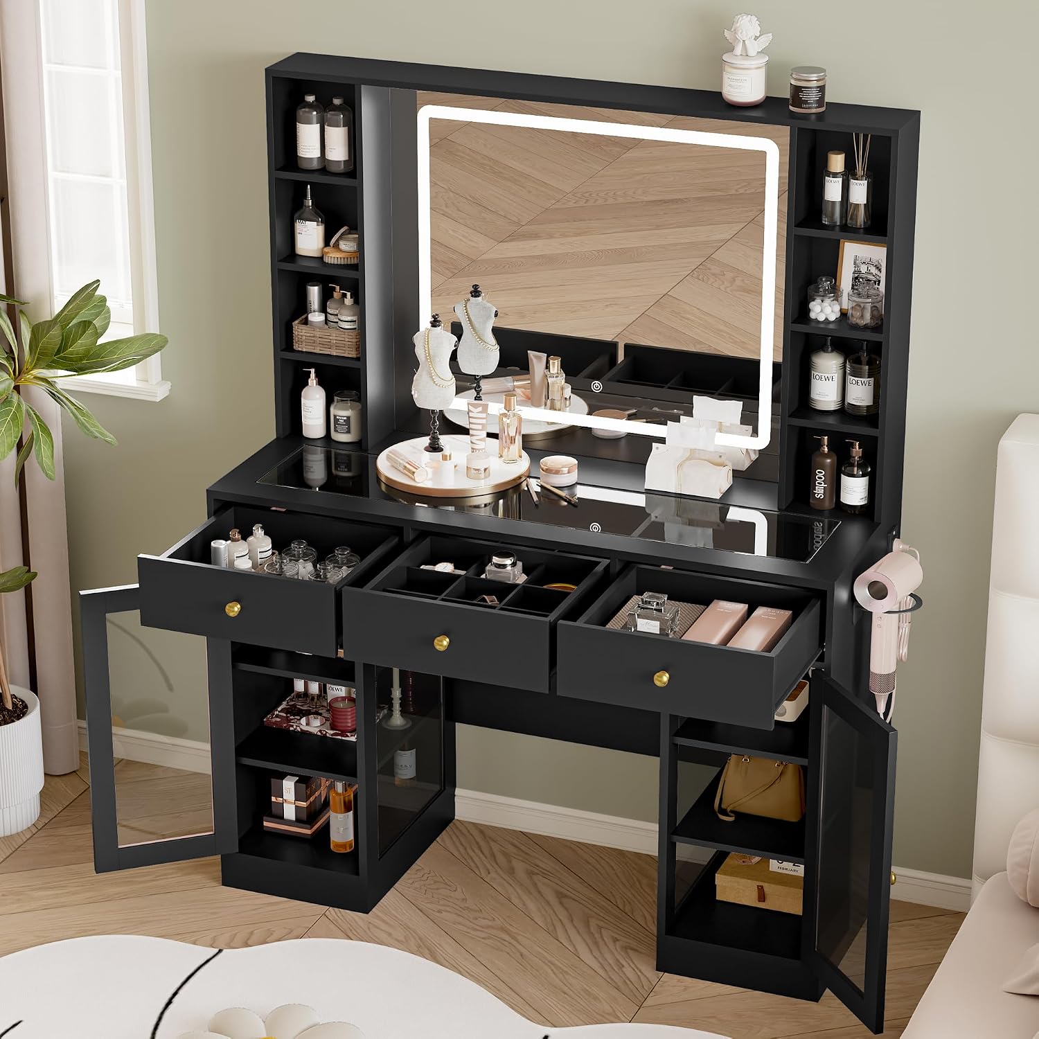 Makeup Vanity Desk with Mirror and Lights, 43' Black Vanity with Glass Top, Jewelry Storage, 3 Drawers & Glass Cabinets, Power Outlet & Adjustable LED Lights, Dressing Table for Women & Girls Bedroom
