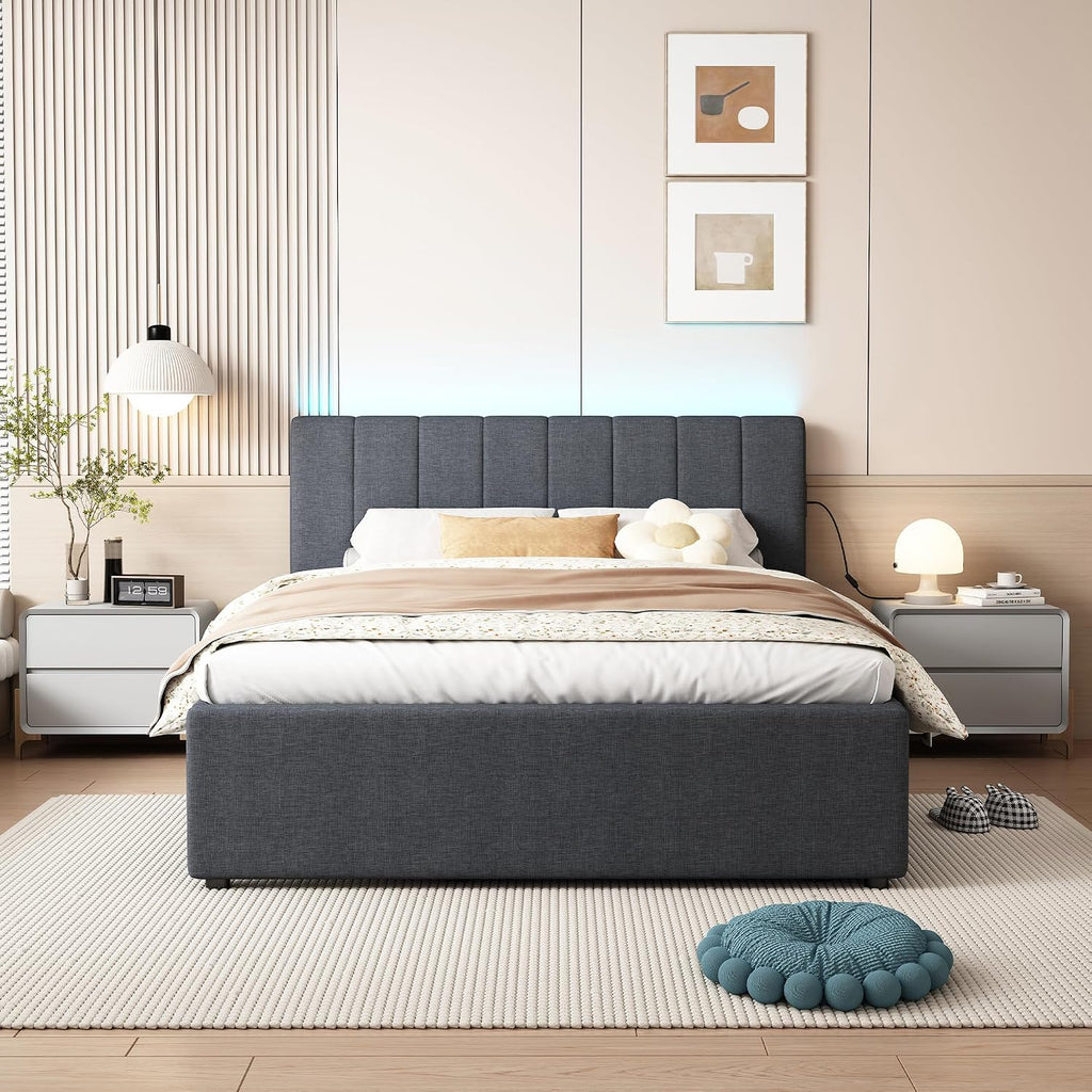 Ball & Cast Full Size Upholstered Platform Bed with Remote Control Intelligence Led Lights App and Trundle,Wood Bed Frame w/Charging Station Headboard & Eva Silent Strip,Bebframe for Apartment,Gray