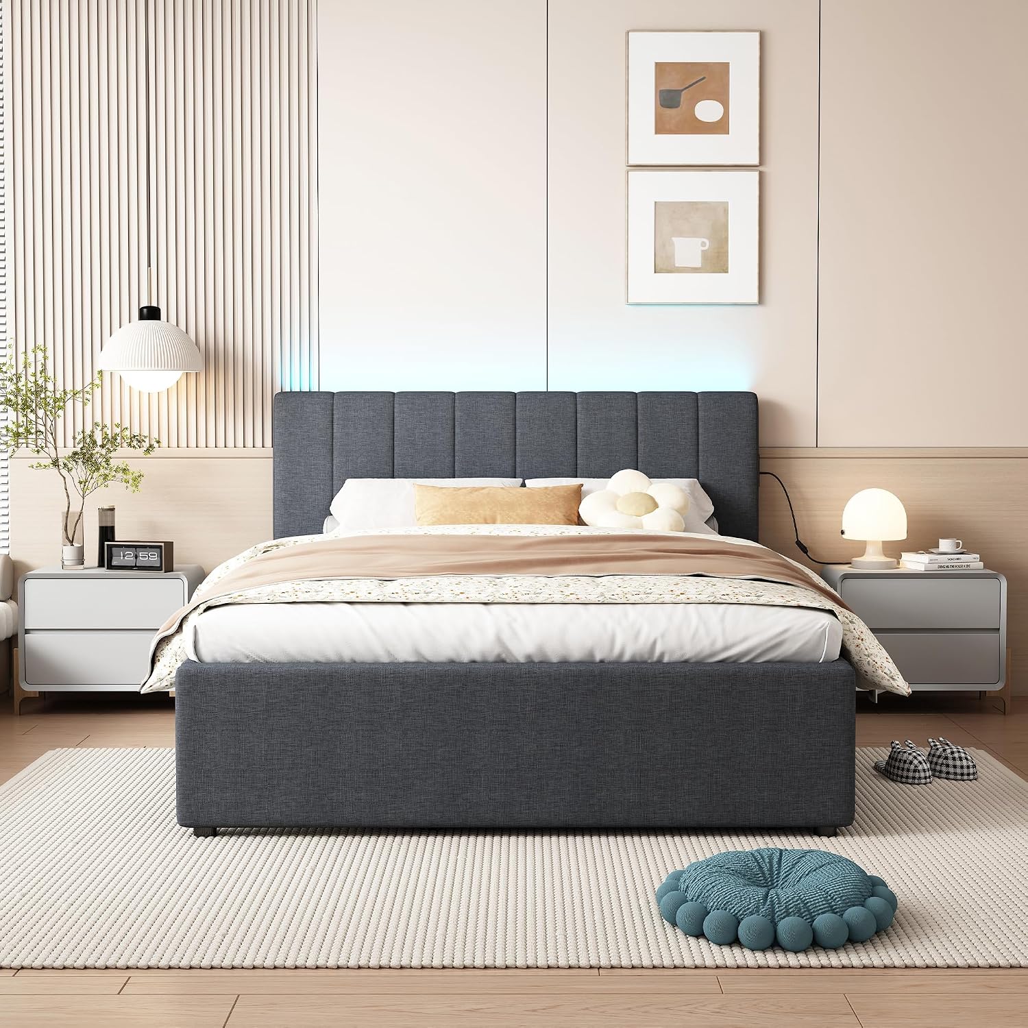 Ball & Cast Full Size Upholstered Platform Bed with Remote Control Intelligence Led Lights App and Trundle,Wood Bed Frame w/Charging Station Headboard & Eva Silent Strip,Bebframe for Apartment,Gray