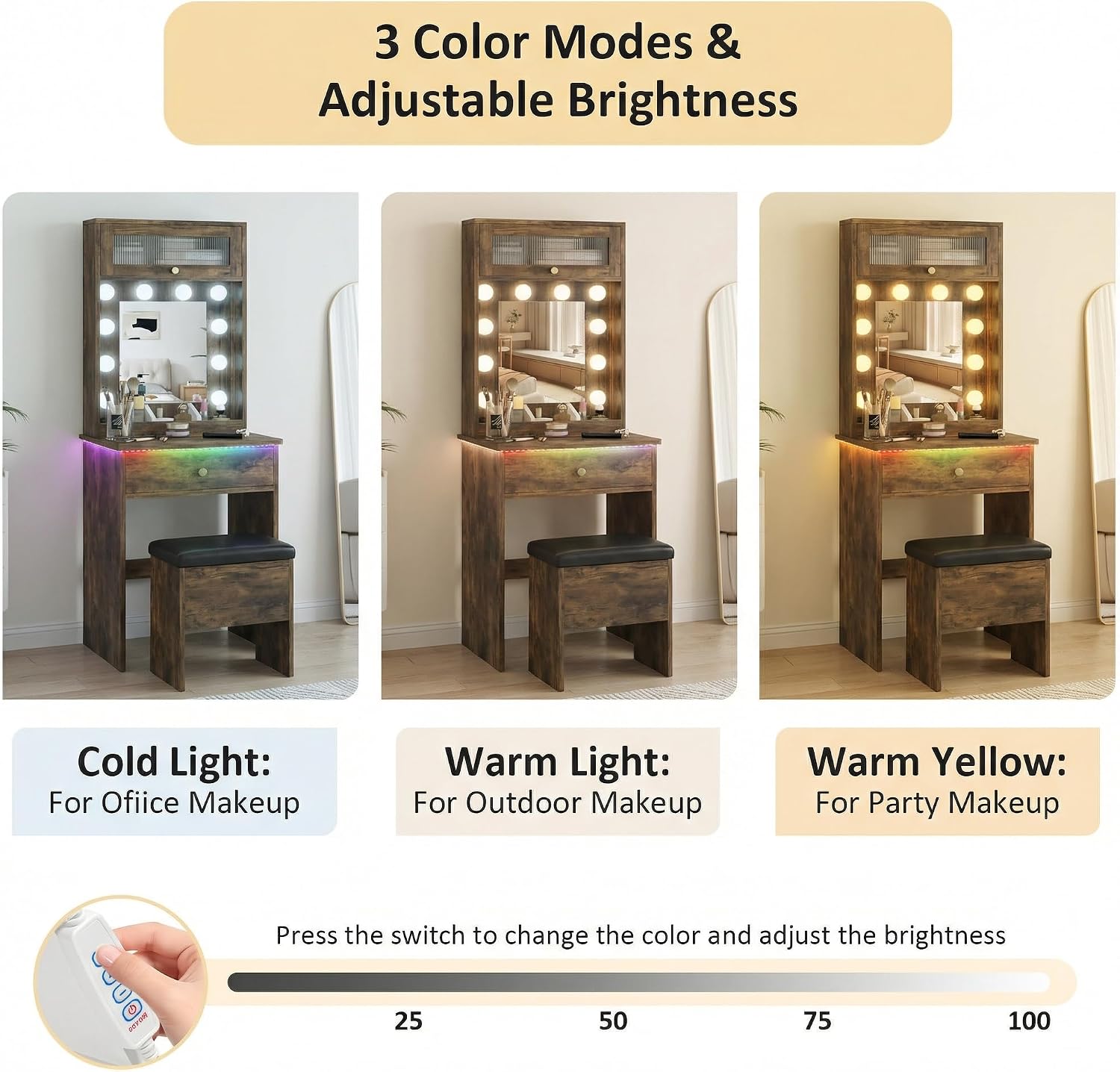 ARTETHYS Small Vanity Desk with Mirror and Lights Rustic Small Makeup Vanity with Storage Chair Mini Makeup Table Set for Bedroom Compact Dressing Table with RGB Lights for Tiny Space