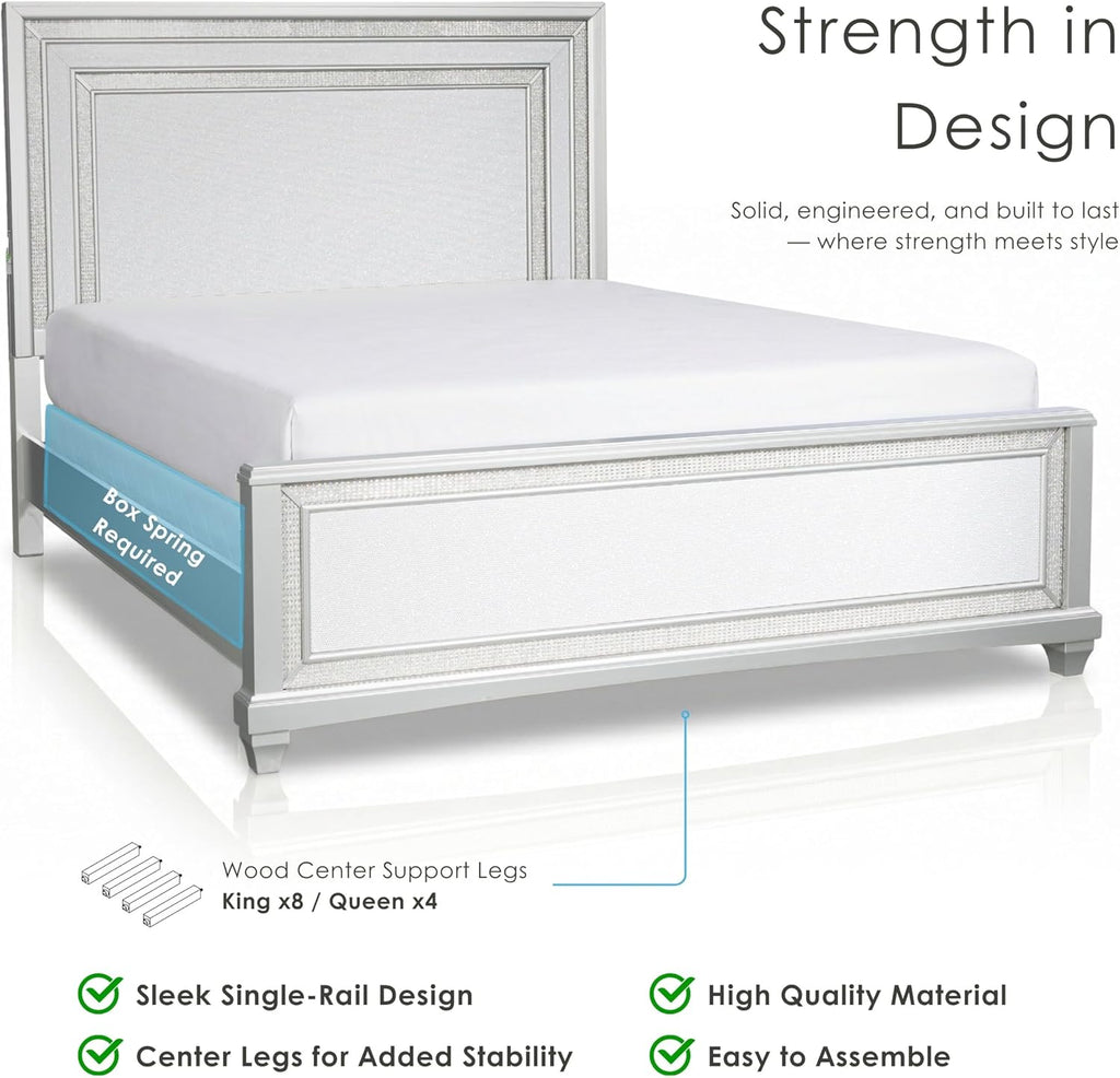 Furniture of America Silvia Glam Solid Wood 5-Piece Bedroom Set with Layered Frame Bed, Faux Crystal Trim LED on Nightstands and Dresser with Mirror, Box Spring Needed for Bedroom, King, Silver