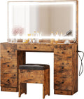 IRONCK Vanity Desk Set with Large LED Lighted Mirror & Power Outlet, 7 Drawers Vanities Dressing Makeup Table with Storage Bench, for Bedroom, Industrial Style Vintage Brown