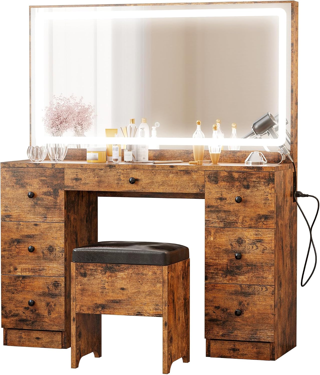 IRONCK Vanity Desk Set with Large LED Lighted Mirror & Power Outlet, 7 Drawers Vanities Dressing Makeup Table with Storage Bench, for Bedroom, Industrial Style Vintage Brown
