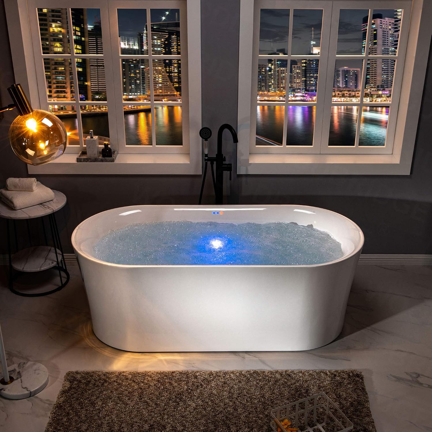 WOODBRIDGE 67' Air Bubble Acrylic Freestanding Bathtub Contemporary Soaking Tub, White Acrylic wirh Oil Rubbed Bronze Drain and Overflow,B0101-ORB