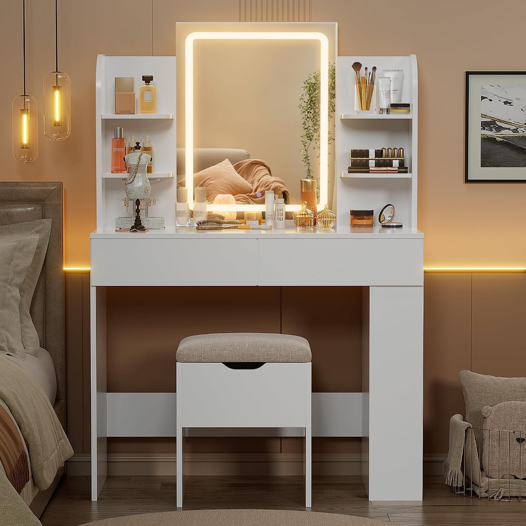 YESHOMY Makeup Vanity, Mirror Jewelry Cabinet, Lockable Swivel Storage Organizer Armoire with LED Light Shelves, White