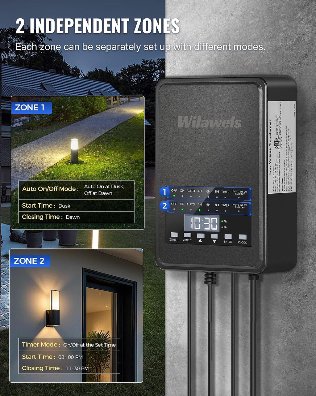 500W Low Voltage Landscape Transformer, 2 Zone Independent Control 120VAC to 12/14V AC Low Voltage Transformer, Landscape Lighting Transformer with Timer & Photocell Sensor ETL Listed D29LT06