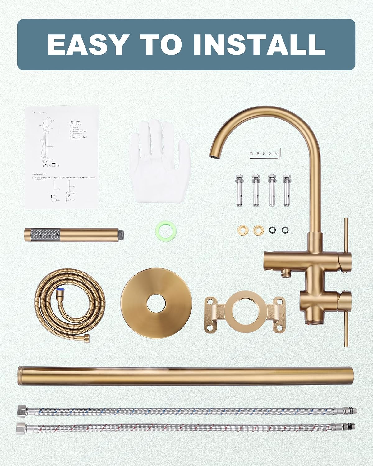 Freestanding Bathtub Faucet Brushed Gold, Floor Mount Tub Filler, High Flow Brass Shower Faucets with Handheld Sprayer for Bath