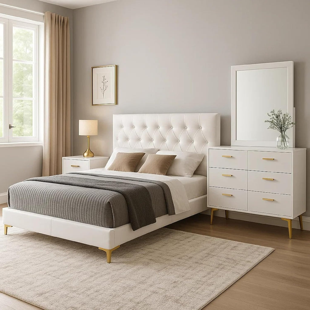 Benzara Dle 4 Piece Queen Bedroom Set, White Faux Leather, Modern Gold Accents
