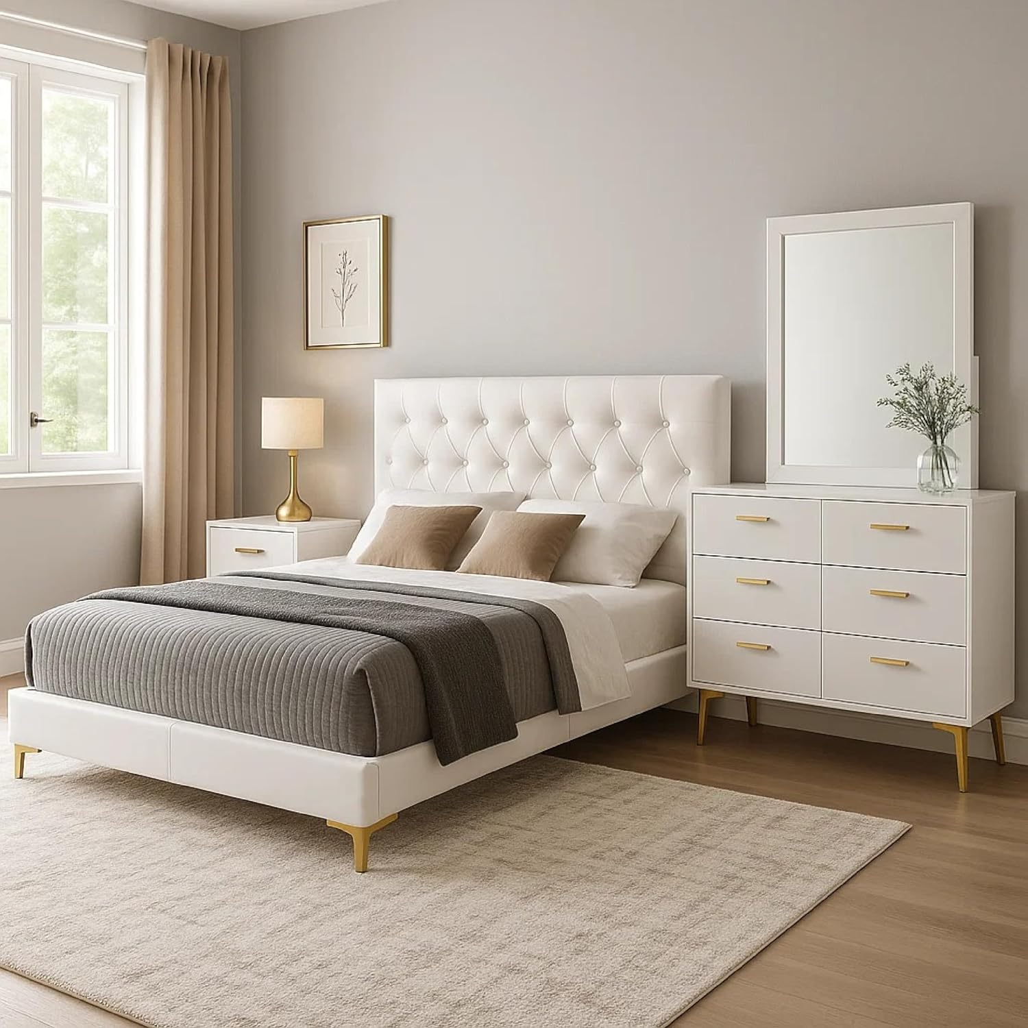 Benzara Dle 4 Piece Queen Bedroom Set, White Faux Leather, Modern Gold Accents
