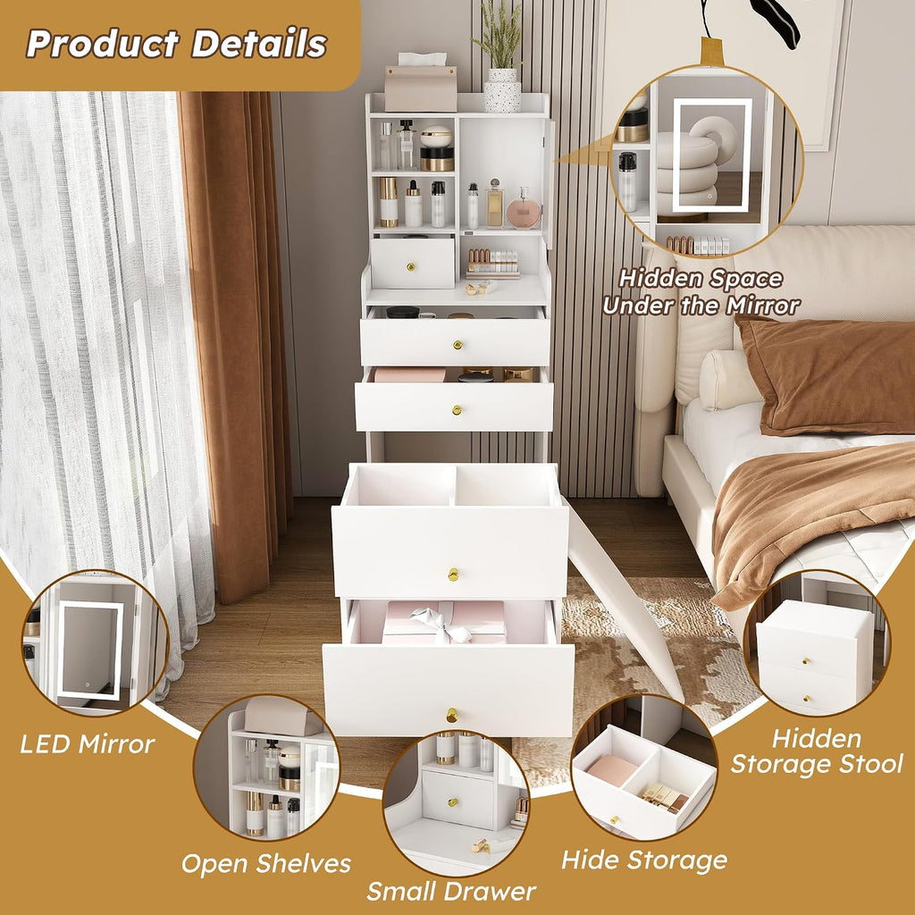 3-in-1 Vanity Desk with LED Mirror and Lights, Compact Makeup Vanity Table with 4 Drawers, Storage Cabinet, Hidden Stool & Shelves for Bedroom, White