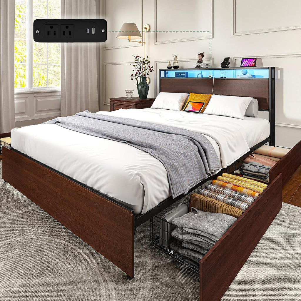 Zevemomo Queen Bed Frame with 4 Storage Drawers, Queen Size Platform Bed Frame with Headboard, Built-in Charging Station & LED Lights, No Box Spring Needed