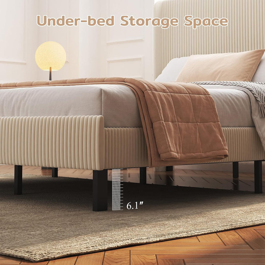 Zevemomo Queen Size Bed Frame with Headboard, Velvet Wingback Storage Headboard, Queen Platform Bed Frames with Charging Station & LED Light, Underbed Storage Space, Beige