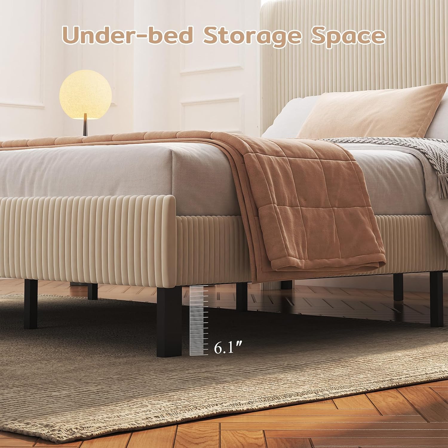 Zevemomo Queen Size Bed Frame with Headboard, Velvet Wingback Storage Headboard, Queen Platform Bed Frames with Charging Station & LED Light, Underbed Storage Space, Beige