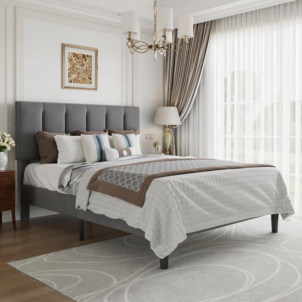 VECELO Full Size Bed Frame with Upholstered Headboard, Platform Bedframe with Strong Wooden Slats Support, No Boxing Spring Needed, Dark Grey