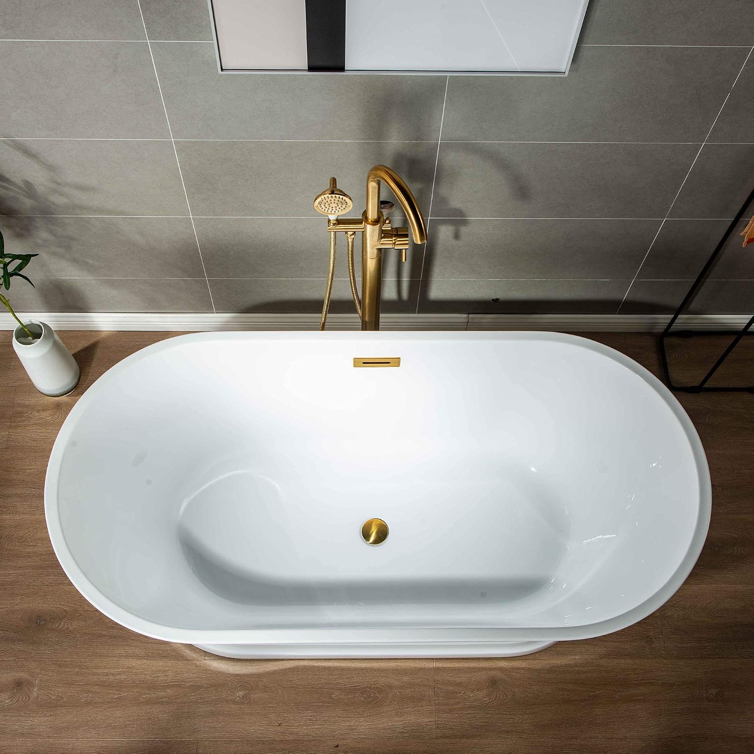 WOODBRIDGE 59'Freestanding White Acylic Soaking Bathtub with White Pillow,Drain and Overflow inBrushed Gold,BTA1536 -BG-Drain &O+ Pillow