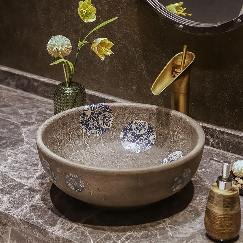 Bathroom Vessel Sink Art Countertop Basin Jingdezhen Ceramic Antique Washbasin Chinese Washbasin Round Washbasin with Accessories Bathroom Sink