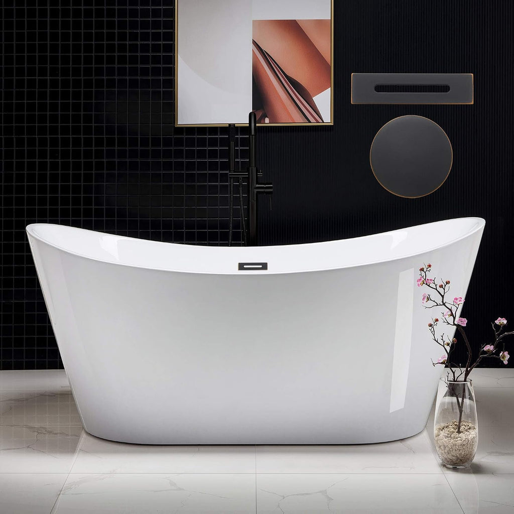 WOODBRIDGE 67' Acrylic Freestanding Bathtub Contemporary Soaking White Tub with Oil Rubbed Bronze Overflow and Drain，BTA1515-ORB-Drain&O