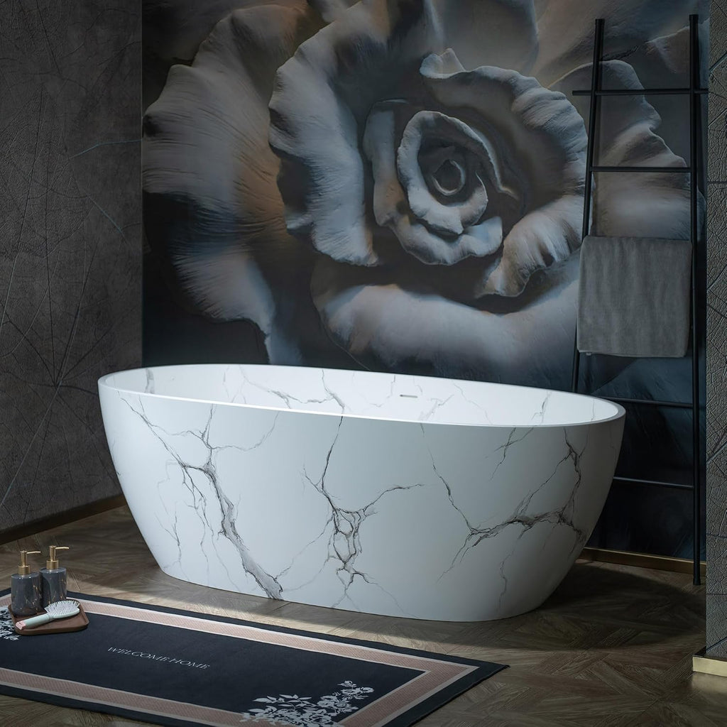 WOODBRIDGE 67' Marble-Pattern Stone Resin Freestanding Soaking Tub, Modern Oval Solid Surface Bathtub with Integrated Slotted Overflow & Drain, Matte Finish, CST0745
