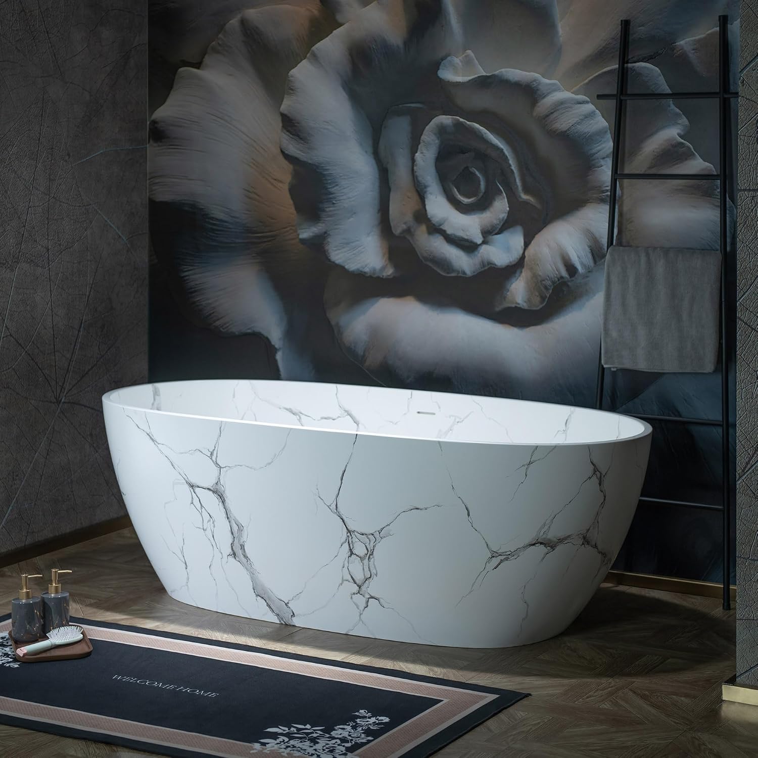 WOODBRIDGE 67' Marble-Pattern Stone Resin Freestanding Soaking Tub, Modern Oval Solid Surface Bathtub with Integrated Slotted Overflow & Drain, Matte Finish, CST0745