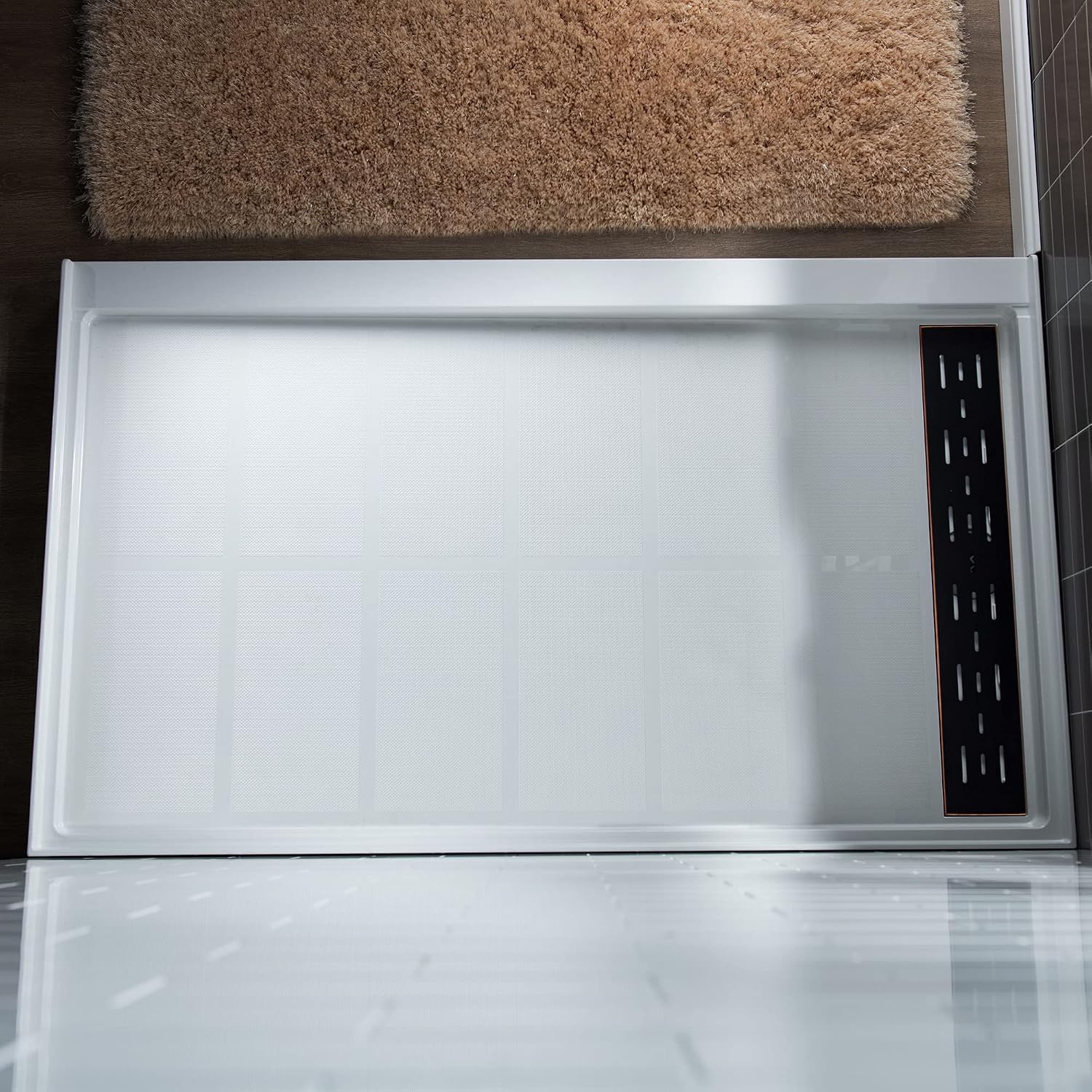 WOODBRIDGE Solid Surface Shower Base with Recessed Trench Side Including Oil Rubbed Bronze Linear Drain Cover L x W x H, 60'L x 30'Wx 4'H,Right Drain,White Color
