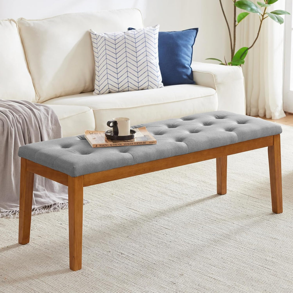 Ottoman Bench Upholstered Padded Seat with Solid Wood Legs and Button-Tufted, Big Oversized Ottoman, Linen Grey