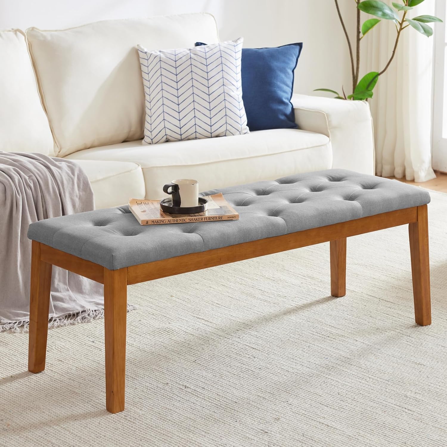 Ottoman Bench Upholstered Padded Seat with Solid Wood Legs and Button-Tufted, Big Oversized Ottoman, Linen Grey
