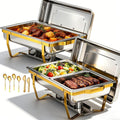 9 QT Chafing Dishes for Buffet Set 2 Pack, Gold Stainless Steel Food Warmers with Serving Utensils Folding Stand, Buffet Servers for Parties, Weddings, Catering, Family Gatherings