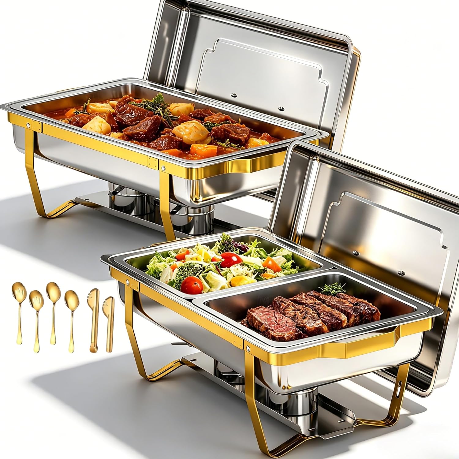 9 QT Chafing Dishes for Buffet Set 2 Pack, Gold Stainless Steel Food Warmers with Serving Utensils Folding Stand, Buffet Servers for Parties, Weddings, Catering, Family Gatherings
