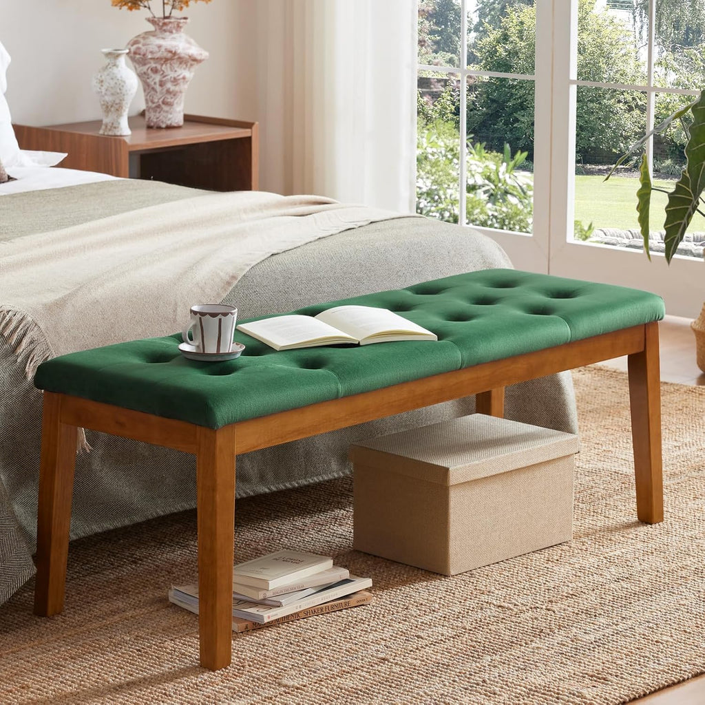 Ottoman Bench Upholstered Padded Seat with Solid Wood Legs and Button-Tufted, Big Oversized Ottoman, Velvet Green