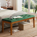 Ottoman Bench Upholstered Padded Seat with Solid Wood Legs and Button-Tufted, Big Oversized Ottoman, Velvet Green