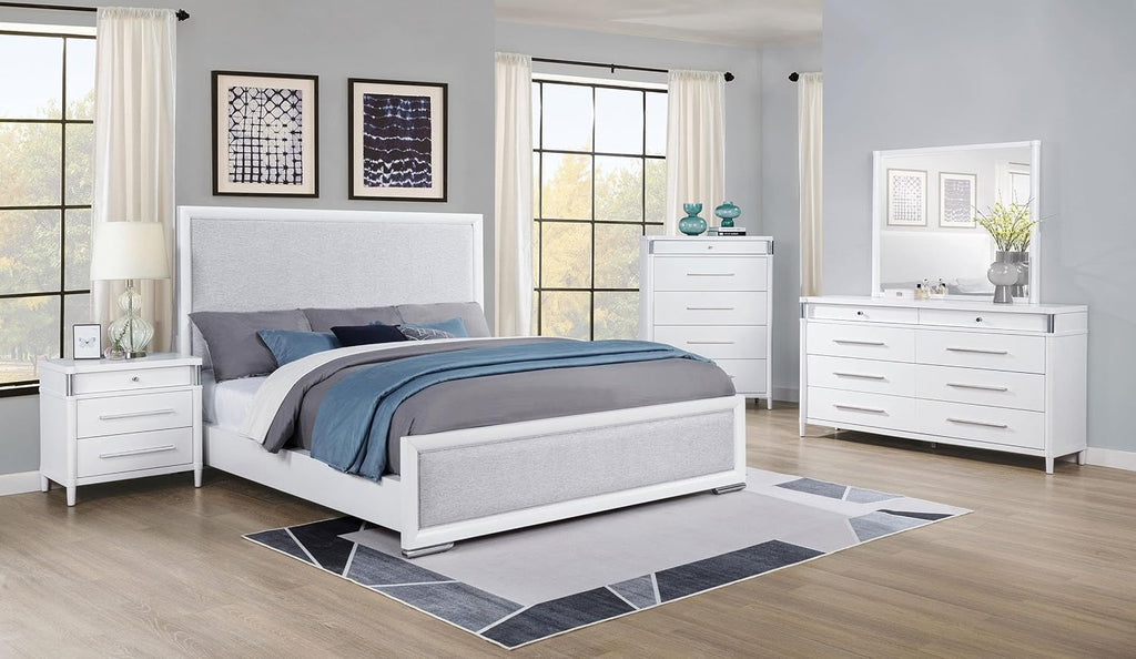 Coaster Home Furnishings - Gracemont - Wood - 5-Piece Bedroom Set with Light Grey Fabric, Vertical Tube, Cord Access and Flat Drawer Fronts - Bedroom - California King Size - White - 225071KW-S5
