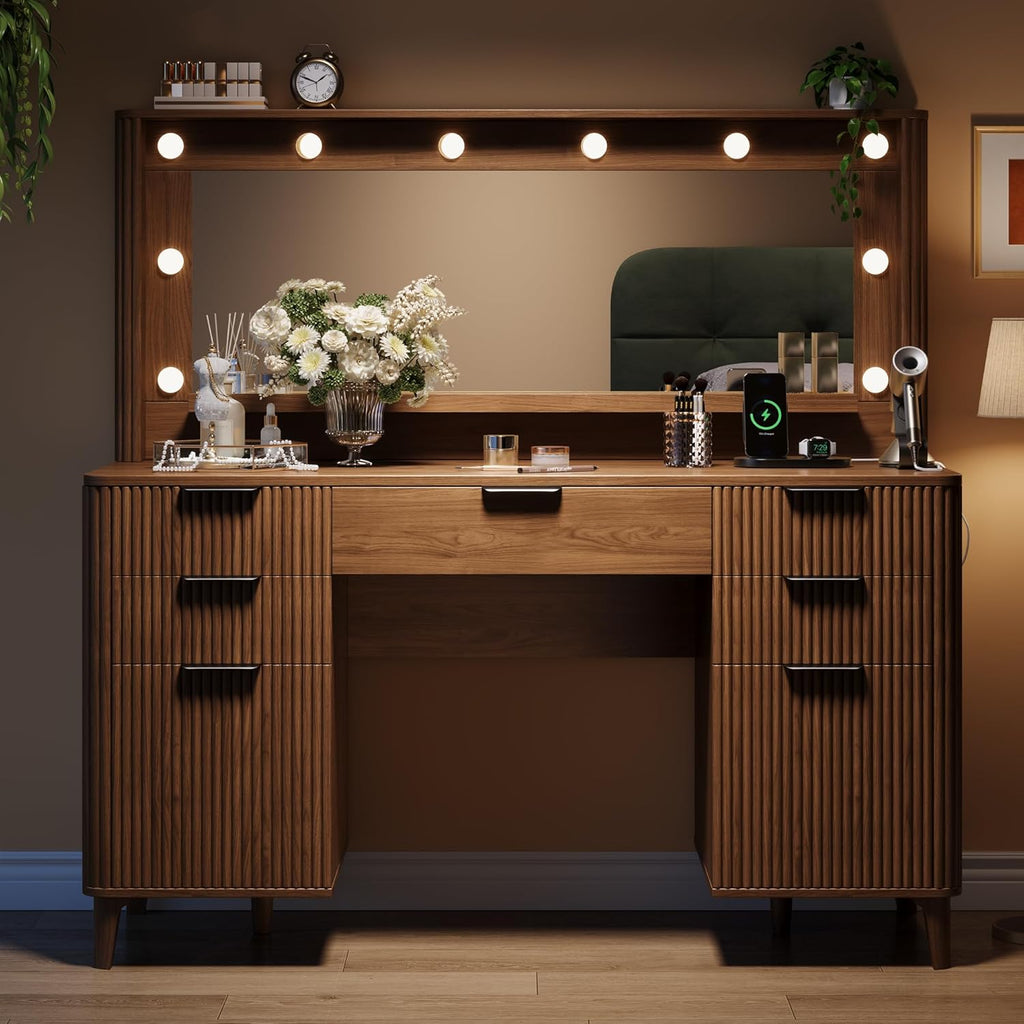 Fluted Makeup Vanity Desk with Large 39.3' Mirror and Lights, 48.8' Wood Vanity, Large Vanity Dressing Table, Modern Wooden Vanity Table for Women and Girls, Bedroom or Dorm (Walnut)