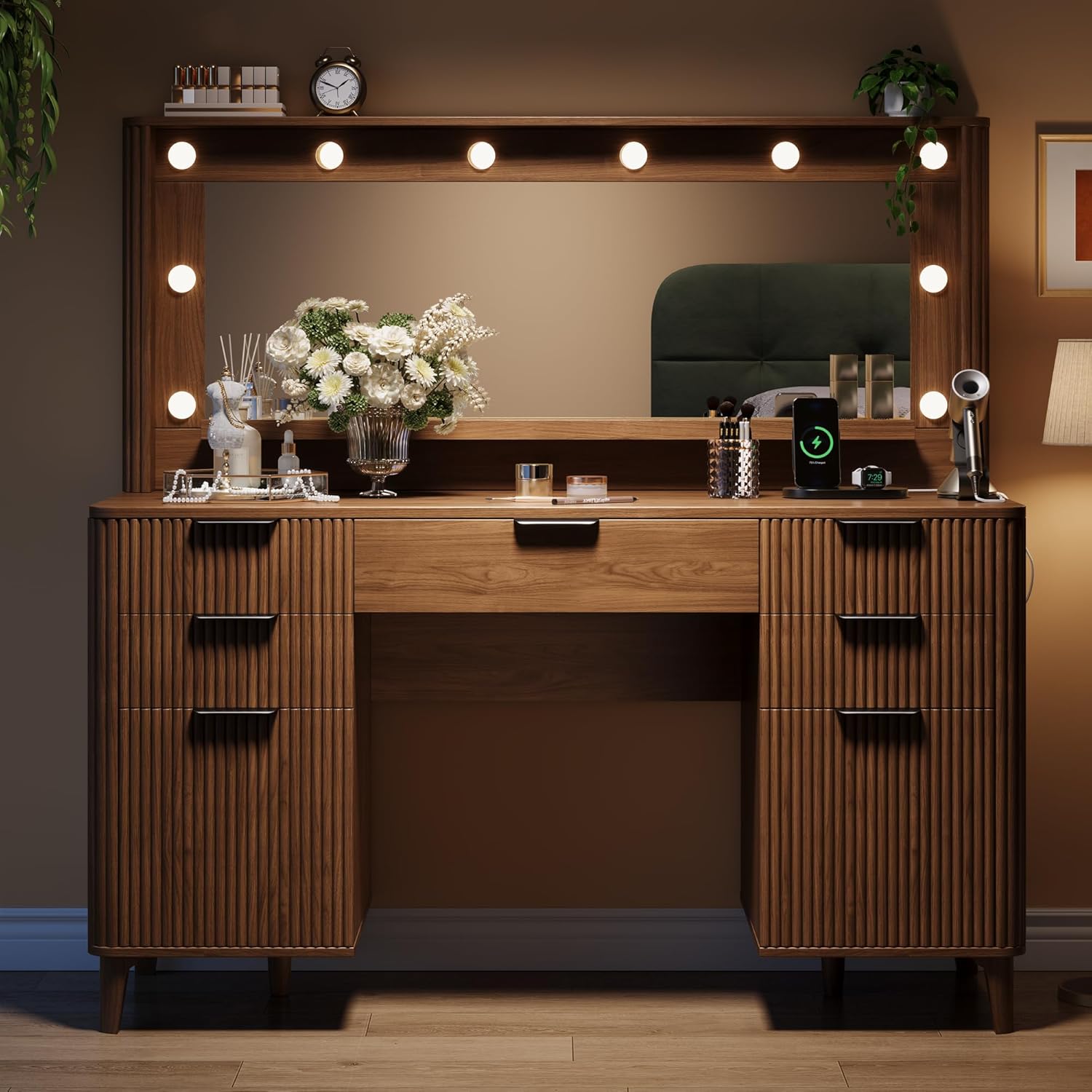 Fluted Makeup Vanity Desk with Large 39.3' Mirror and Lights, 48.8' Wood Vanity, Large Vanity Dressing Table, Modern Wooden Vanity Table for Women and Girls, Bedroom or Dorm (Walnut)
