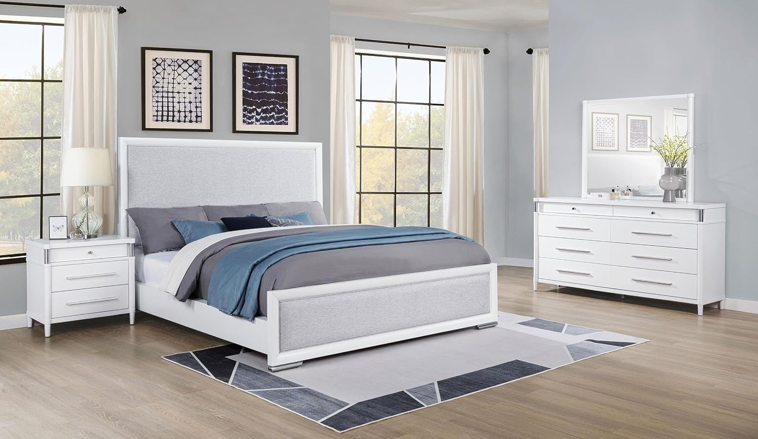 Coaster Home Furnishings - Gracemont - Wood - 4-Piece Bedroom Set with Light Grey Fabric, Vertical Tube, Cord Access and Flat Drawer Fronts - Bedroom - Queen Size - White - 225071Q-S4