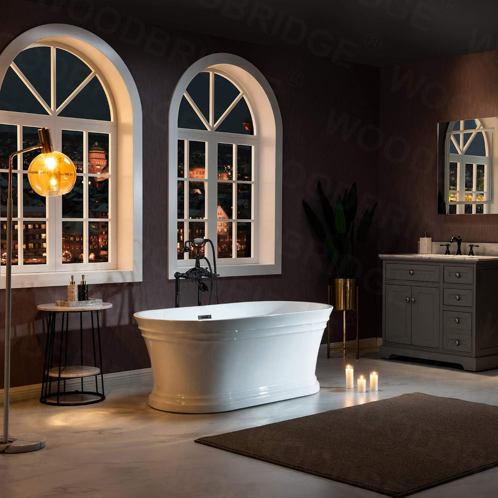 WOODBRIDGE 59'Freestanding White Acylic Soaking Bathtub with Drain Kit and Floor Mount Tub Filler in Brushed Nickel,BTA1536 -B/N-Drain &O +F0018BN