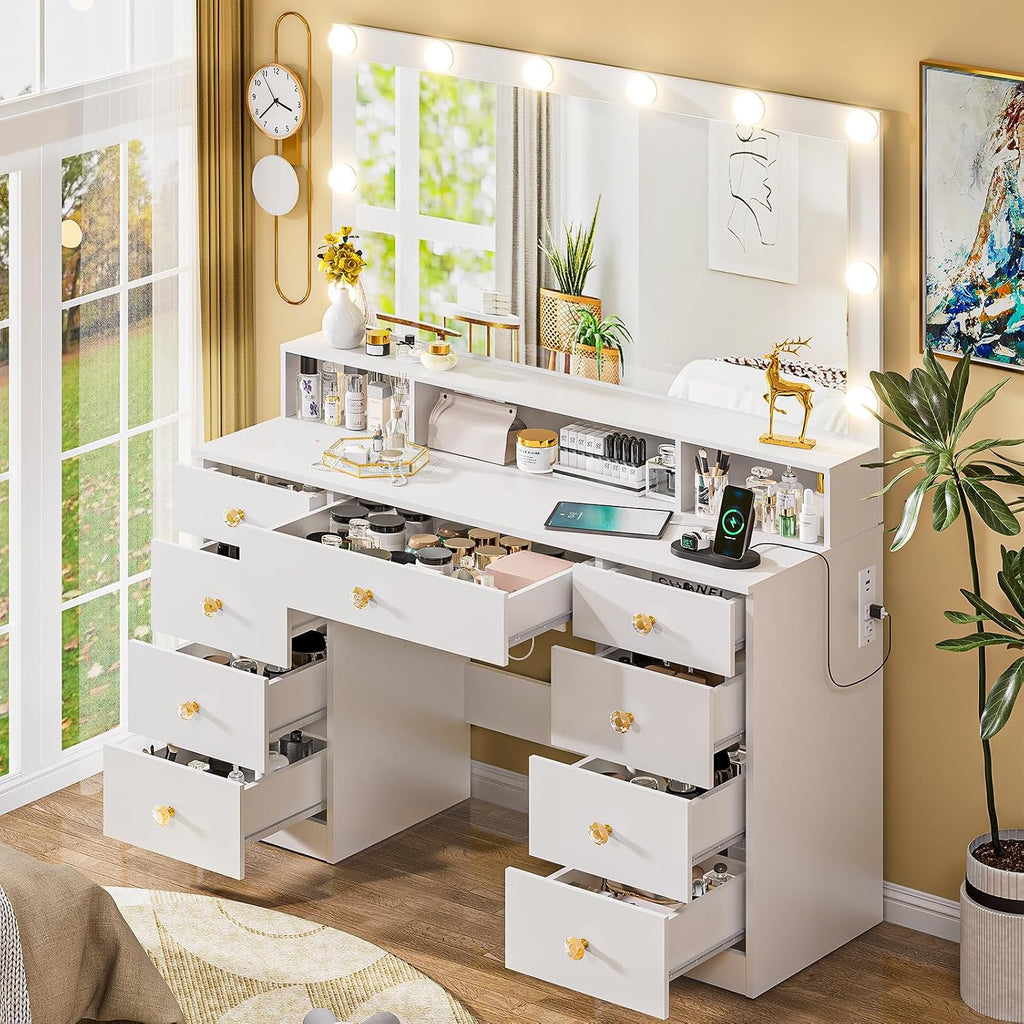 DINGIPP Vanity Desk with Lighted Mirror, Makeup Vanity Table with Power Outlet, 9 Drawers & Crystal Handles, 43.3' Large Vanity Desk Dressing Table for Women, Girls, Bedroom, White