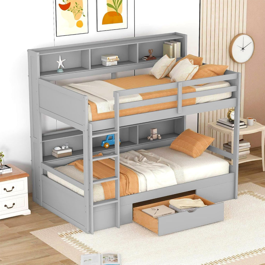 RUNNA Unique Solid Wood Bunk Bed with Storage Drawer and Built-in Shelves,Twin Size Bunk Bed with Safeguard Railings and Ladder,for Kids Teens Bedroom Use (Gray#q)