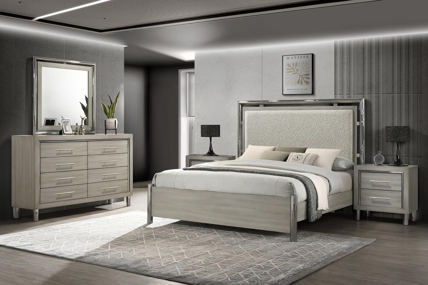New Classic Furniture Lennox 5Pc Wood Cal King Bedroom Set w 2 Ns, Gray
