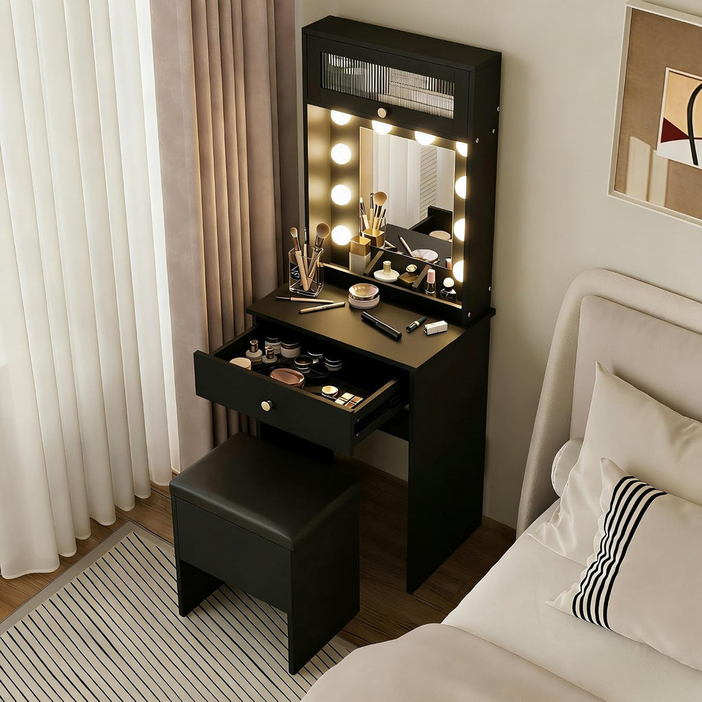 ARTETHYS Small Vanity Desk with Mirror and Lights Black Small Makeup Vanity with Storage Chair Mini Makeup Table Set for Bedroom Compact Dressing Table with RGB Lights for Tiny Space
