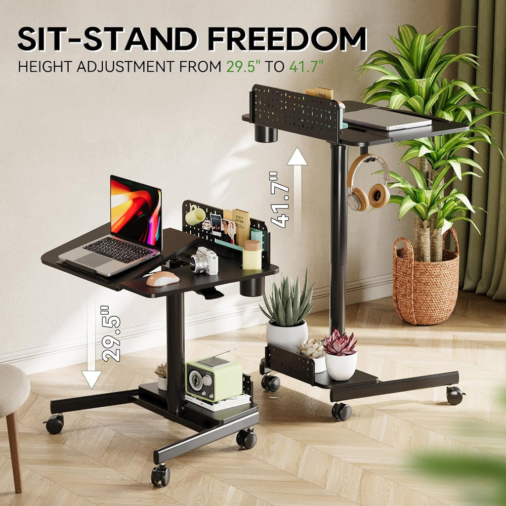 JOY worker Mobile Standing Desk with 60° Tiltable Desktop, 28' Height Adjustable Rolling Desk, DIY Pegboard & Storage Base, Portable Laptop Desk with 4 Lockable Wheels for Home Office, Black