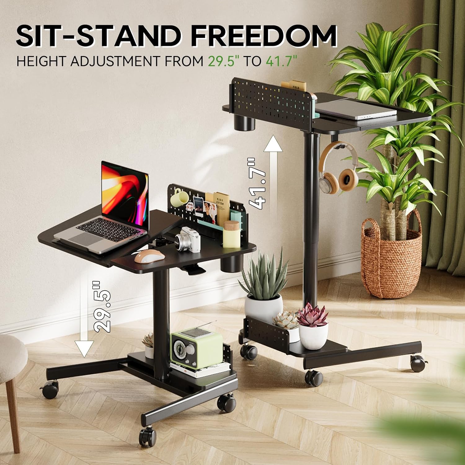 JOY worker Mobile Standing Desk with 60° Tiltable Desktop, 28' Height Adjustable Rolling Desk, DIY Pegboard & Storage Base, Portable Laptop Desk with 4 Lockable Wheels for Home Office, Black