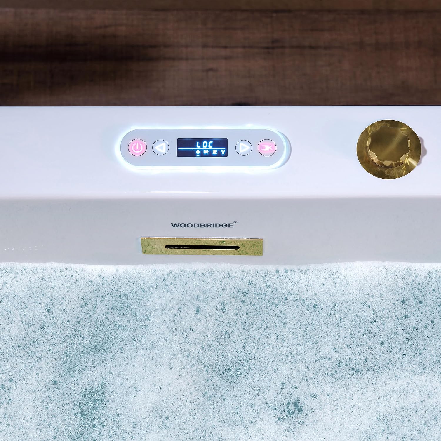 WOODBRIDGE 59' x 31-1/2' Whirlpool and Air Bath Heated Soaking Combination Tub with Adjustable Speed Air Blower and Display Control Panel, Brushed Gold Finish Trim and Drain Kit,BG100