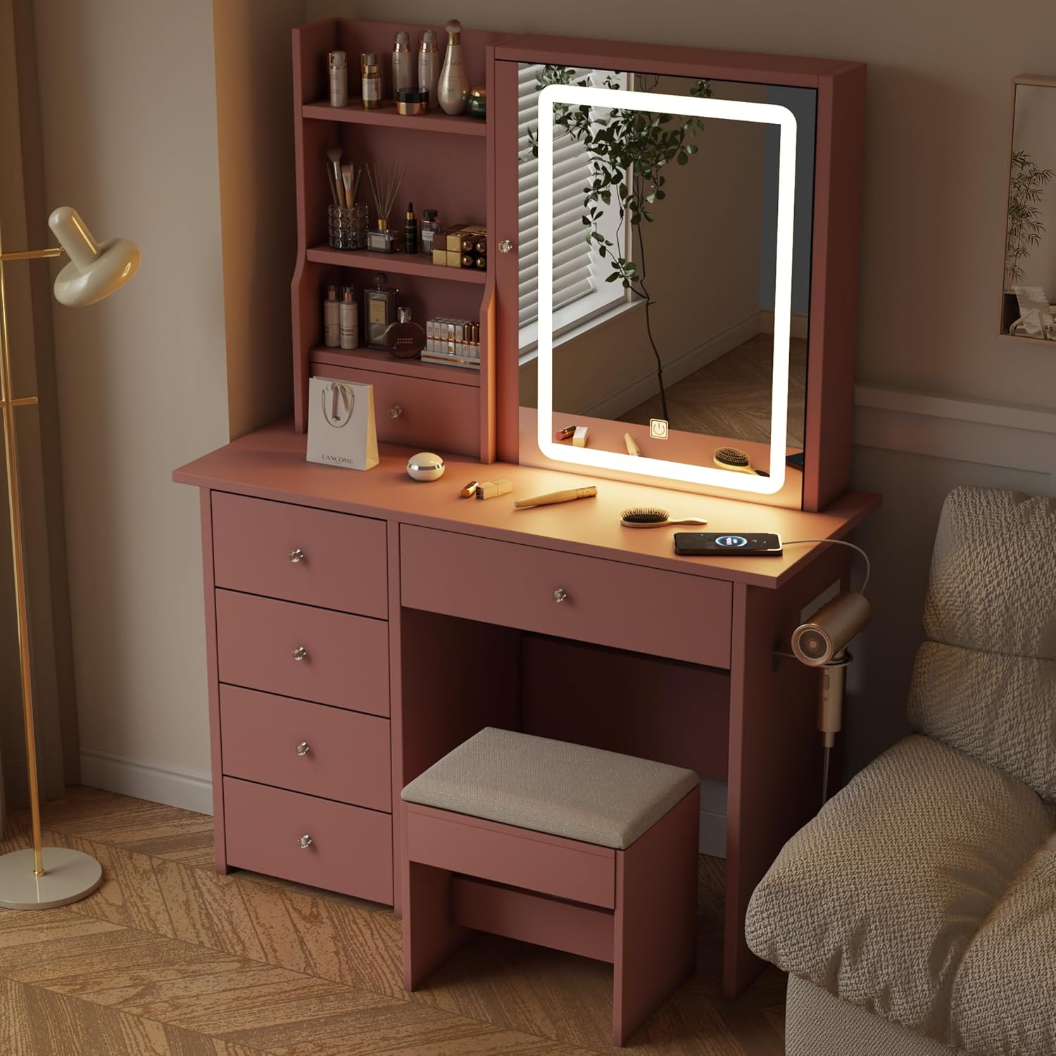DYHOME Makeup Vanity Desk with LED Lights Mirror 3 Adjustable Modes and Power Outlets, Vanity Table with 6 Drawers Dresser and Bench, Makeup Desk for Bedroom Dressing Room, Pink