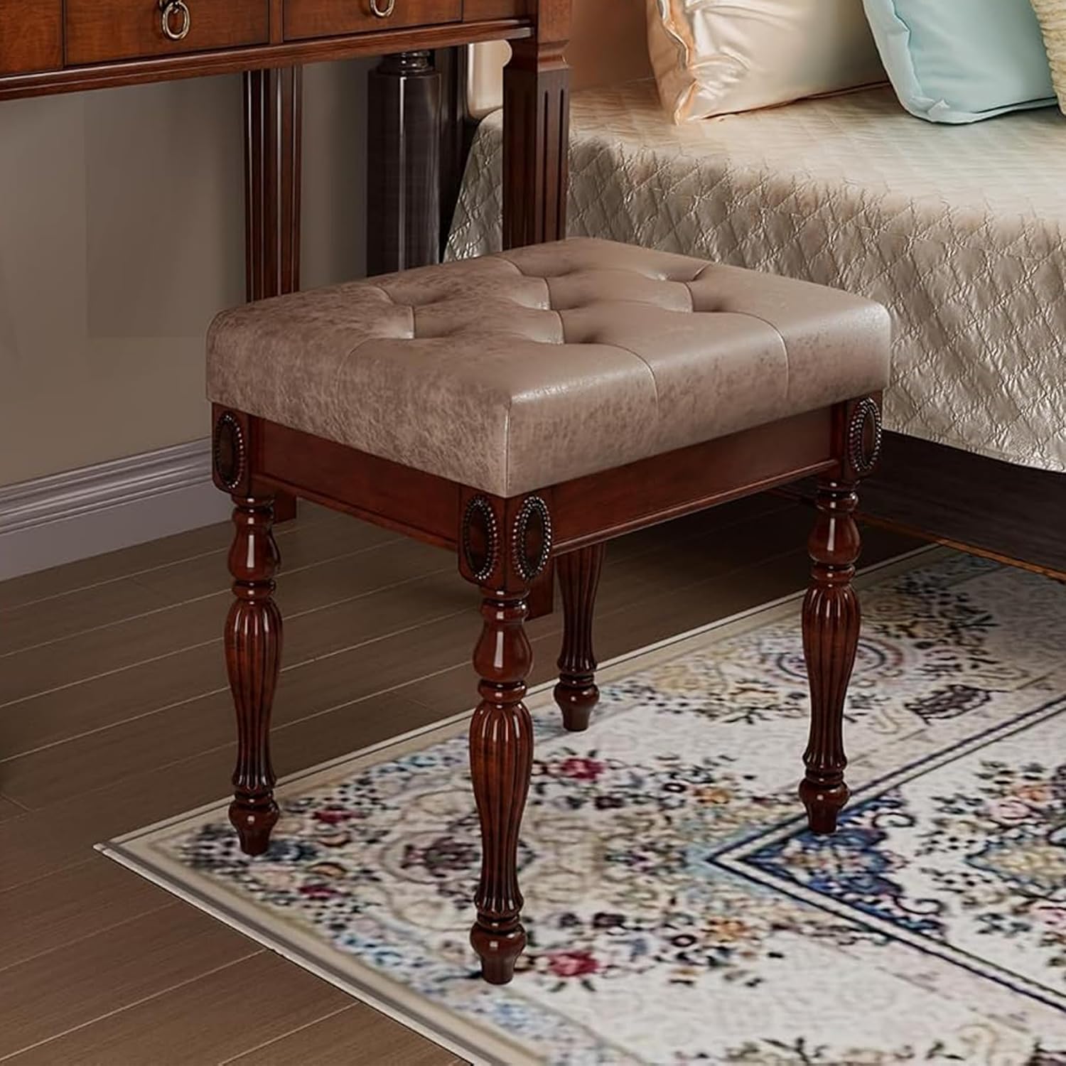 Solid Wood Upholstered Vanity Bench, Small Vintage Ottoman Leather Tufted Foot Stool with Padded Cushion Seat Carved Footrest Rustic Legs for Bedroom Living Room 1533LT(Light Yellow)